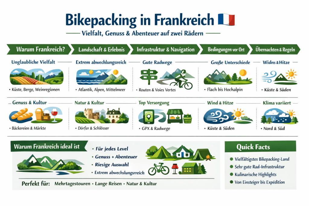Bikepacking in France infographic showcasing diverse landscapes, routes, and cultural highlights for cycling adventures.