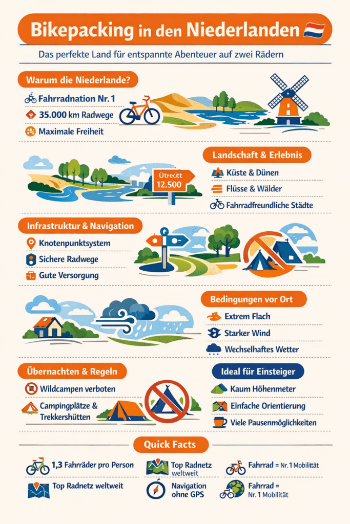 Infographic: Bikepacking in the Netherlands. Details on cycling routes, landscapes, navigation, and accommodations for cyclists.