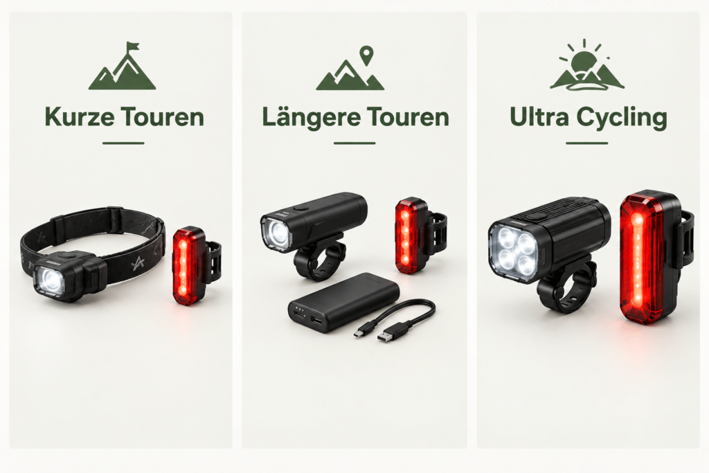 Verschiedene Bikepacking Beleuchtungen je Tour