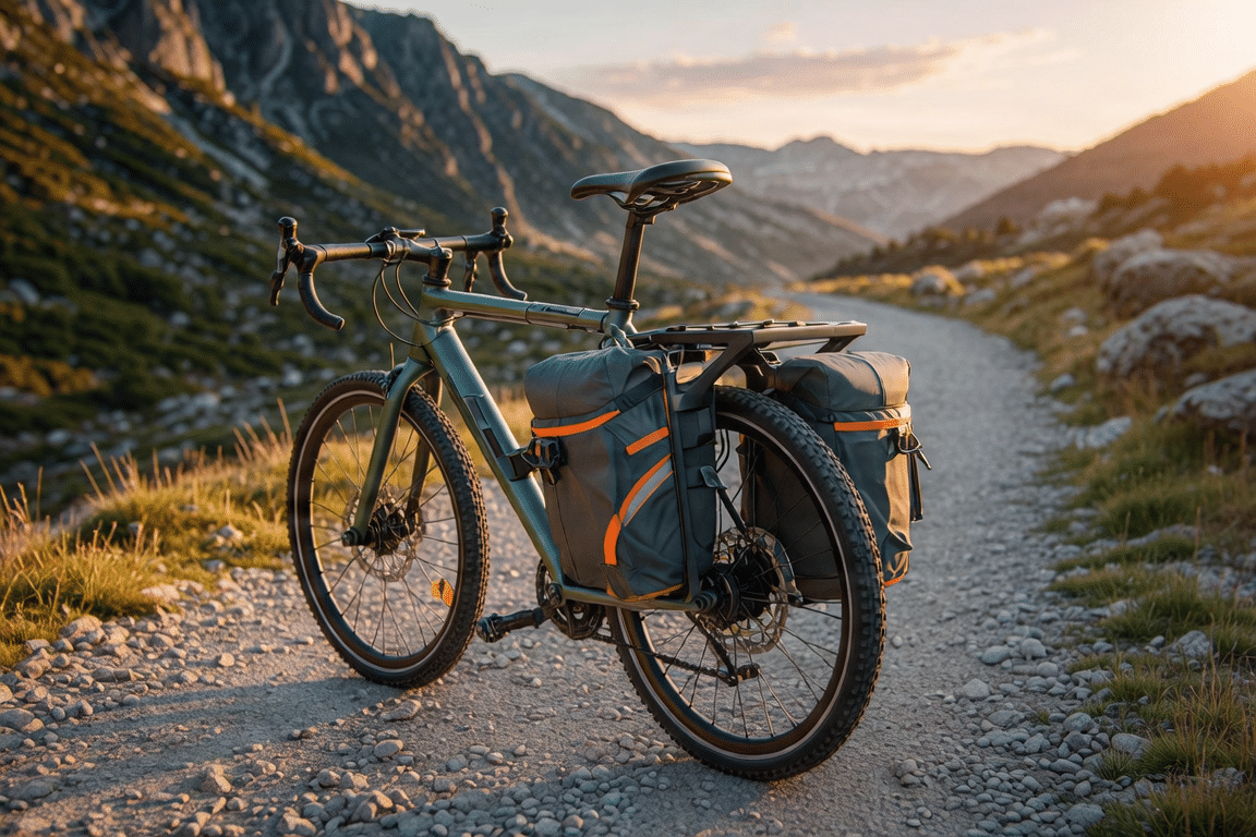 Ein modernes Gravelbike mit einem hochwertigen Gepäckträger und Bikepacking-Taschen auf einem Schotterweg in den Bergen bei Sonnenuntergang.